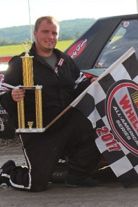 Chris Charbonneau in victory lane at Devil's Bowl Speedway on July 9, 2017 (Barry Snelling/Devil's Bowl Speedway photo)