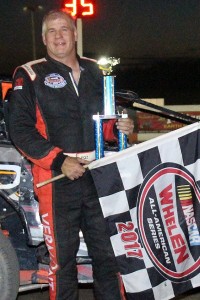 Vince Quenneville Jr. in victory lane at Devil's Bowl Speedway on August 27, 2017.  (Barry Snelling/DBS Media photo)