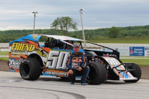 Joey Roberts in victory lane after winning the "Best Appearing Car" award at Devil's Bowl Speedway on May 27, 2017.  (Barry Snelling/Devil's Bowl Speedway photo)